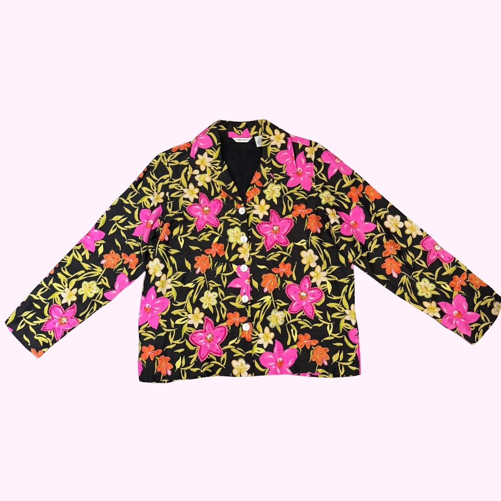 Laura Ashley VINTAGE 100% Silk Embroidered Beaded Floral Jacket MOP Button Med